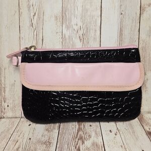 AKA Vintage Y2K Organizer Clutch Black Croc Embossed Pink Trim Cosmetic Bag